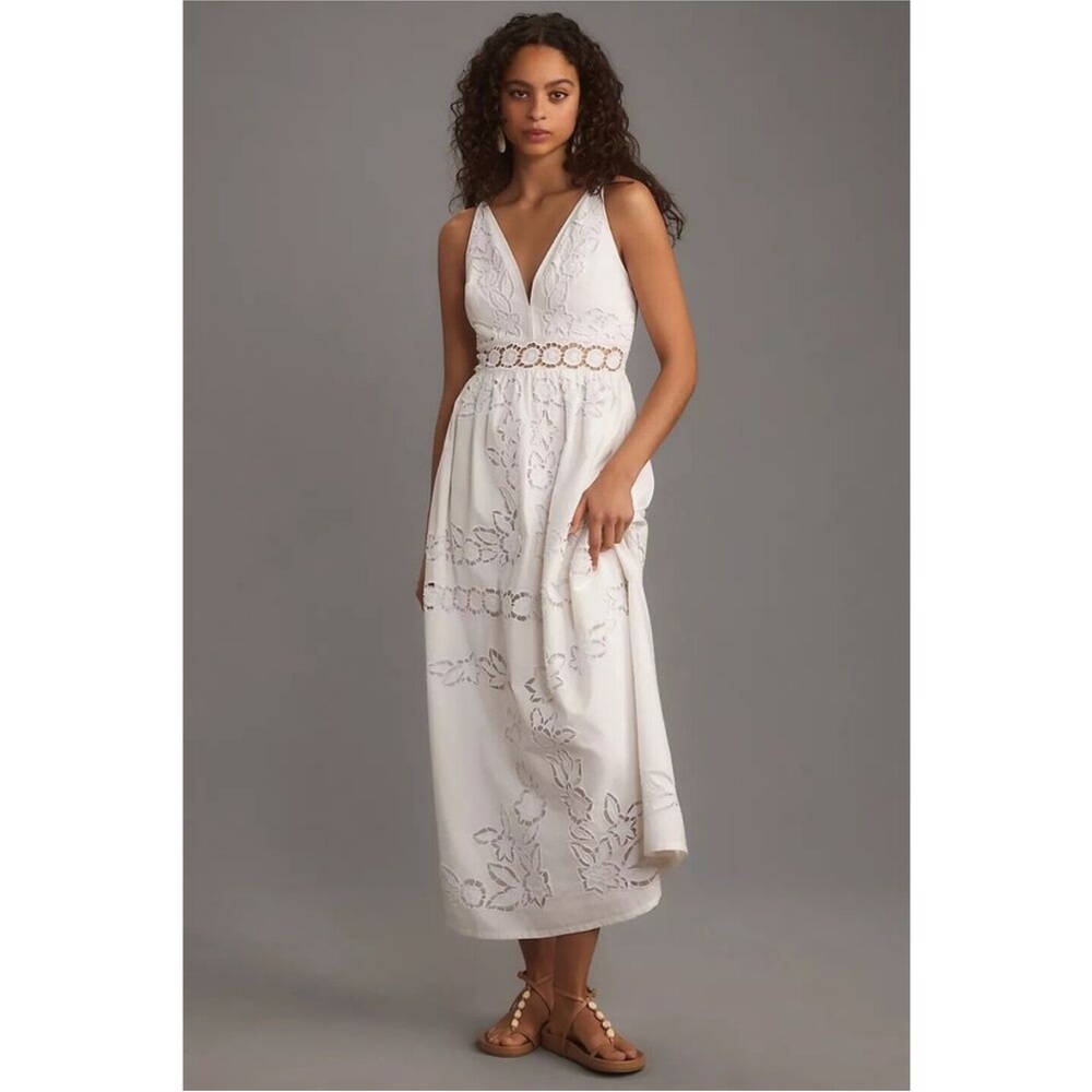 Anthropologie Vineet Bahl Sleeveless V-Neck Floral Cutwork Midi Dress